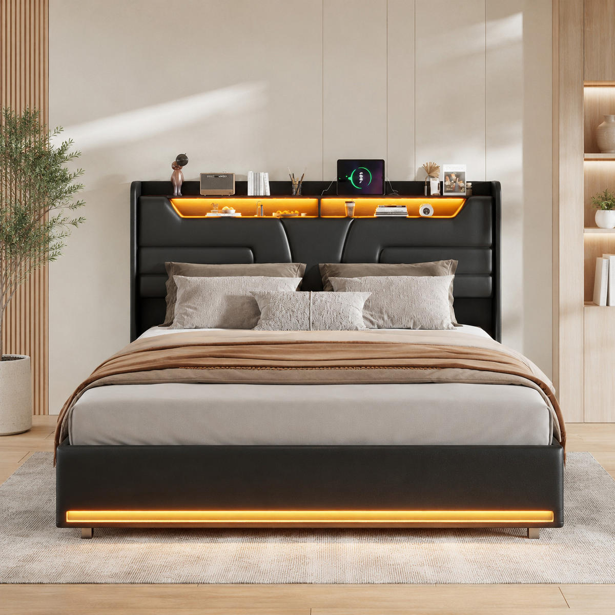 POLSTERBETT 140/200 cm mit LED‑Beleuchtung & USB‑Ladestation, modernes Bett mit Stauraum‑Kopfteil, schwarzes Kunstlederbett für Schlafzimmer - Schwarz, Holz/Metall (140/200cm) - Joyfair