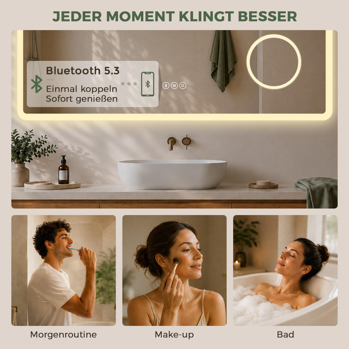 BADSPIEGEL mit Beleuchtung 60/100 cm rechteckig LED, Bluetooth, Vergrößerungsspiegel, Antibeschlag - Transparent, Glas (100/60/3.5cm) - S'AFIELINA