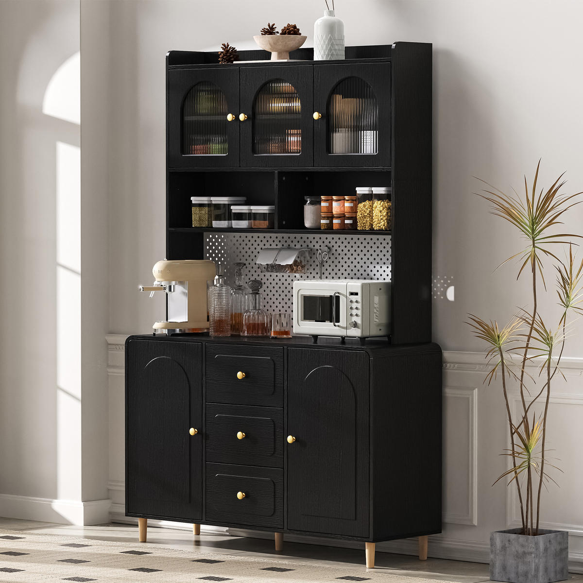 HIGHBOARD in Schwarz Küchenschrank mit Lochbrett und Schubladen für Esszimmer und Küche, B120/T40/H190 cm - Schwarz/Naturfarben, Glas/Holz (120/190/40cm) - STILVORA