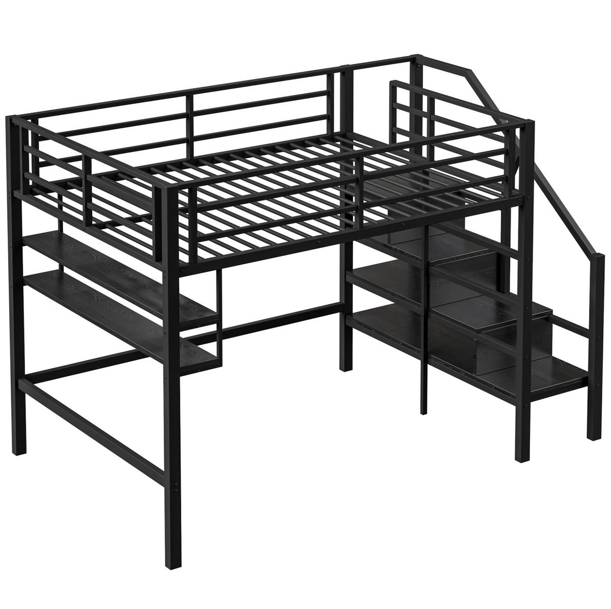 HOCHBETT 140/200 cm aus Metall mit Stauraumleiter und Regalfächern Schwarz - Schwarz, Metall (140/200cm) - Modenvie