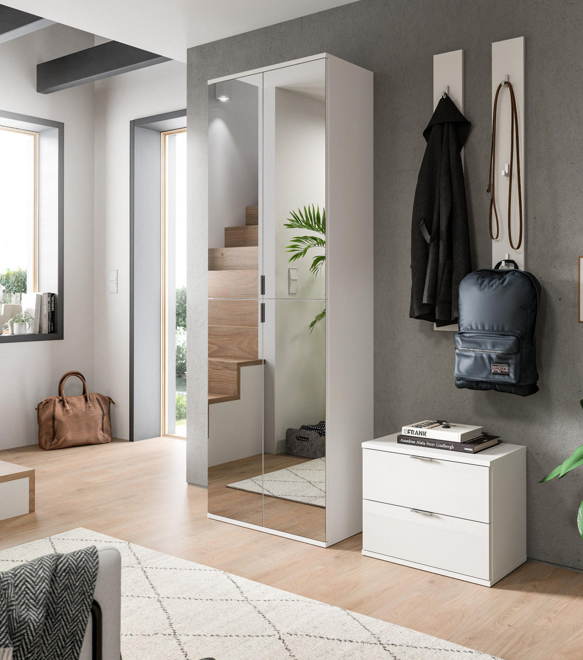 GARDEROBE Set 4-teilig weiß Hochglanz 128 cm, Flurgarderobe mit 9 Fächern - Chromfarben/Weiß Hochglanz, Glas/Holzwerkstoff (128/193/34cm) - Inn.Furn