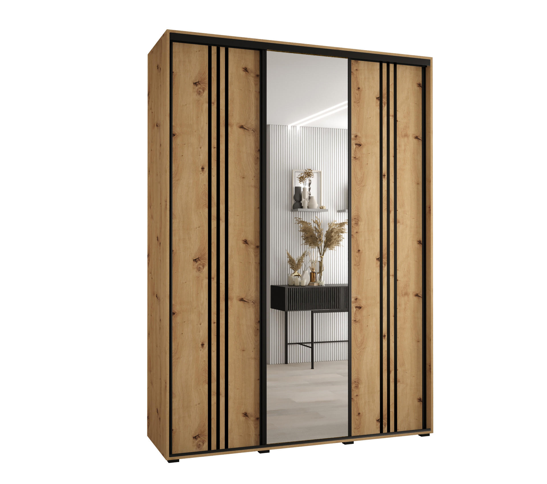 Abiks Möbel Schwebetürenschrank Eiche Artisan, Eiche Artisan, Schwarz 180x235x45 cm