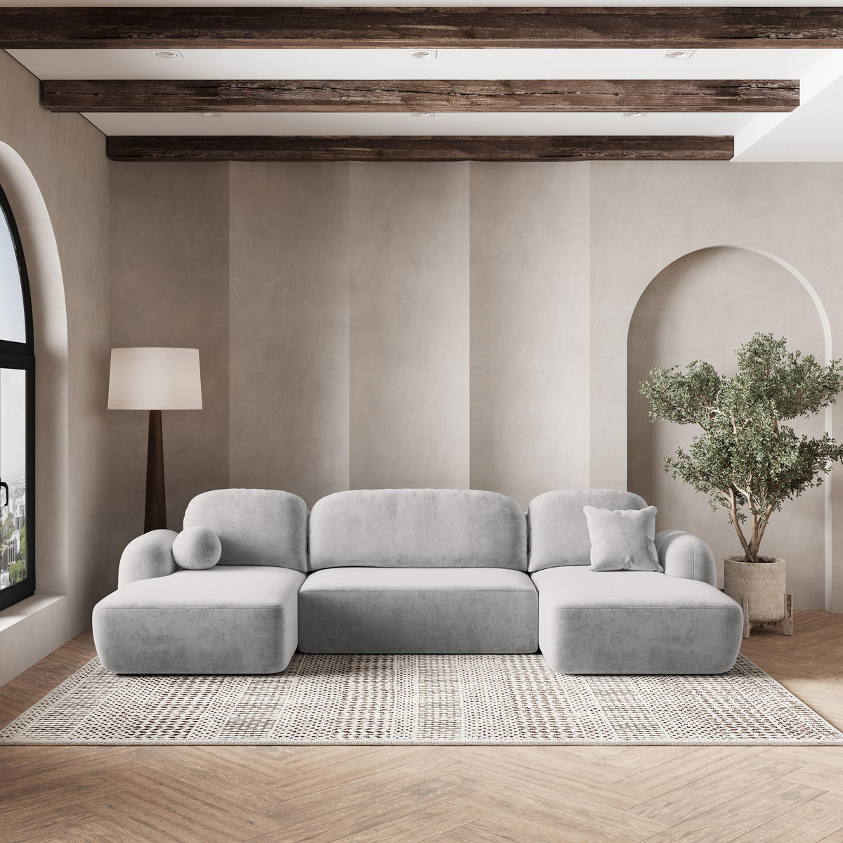 ROHOVÁ SEDAČKA SAVONA světle šedá - černá/světle šedá, dřevo/textil (320/148cm) - MASSENO