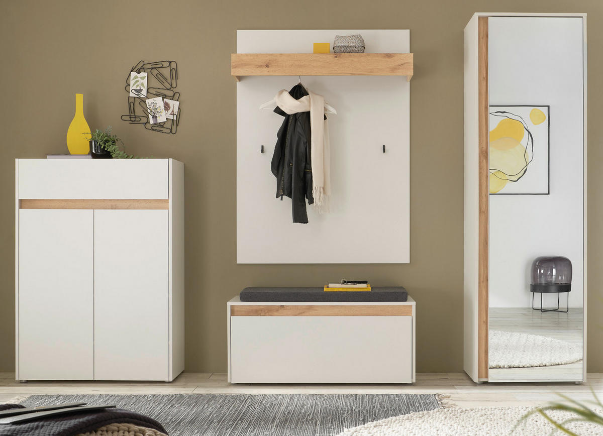 GARDEROBEN-SET 5-teilig weiß matt, Eiche Wotan 265 cm, Flurmöbel mit viel Stauraum - Eiche Wotan/Schwarz, Glas/Holzwerkstoff (265/200/40cm) - Furn.Design