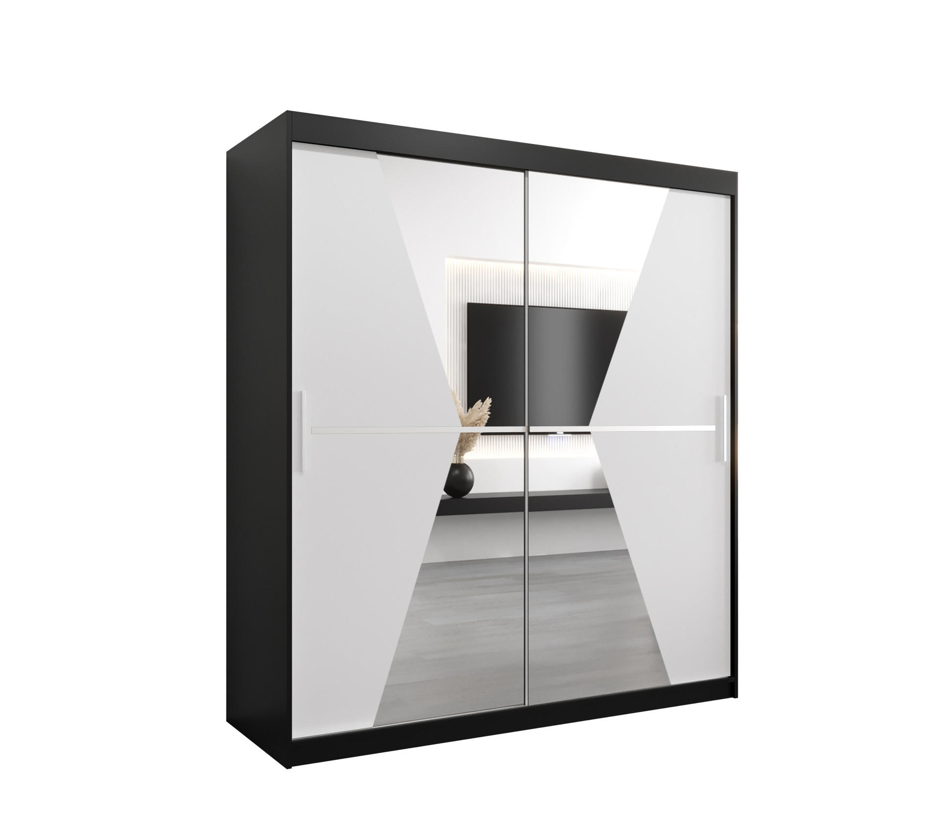 Abiks Möbel Schwebetürenschrank Schwarz, Weiß 180x200x62 cm