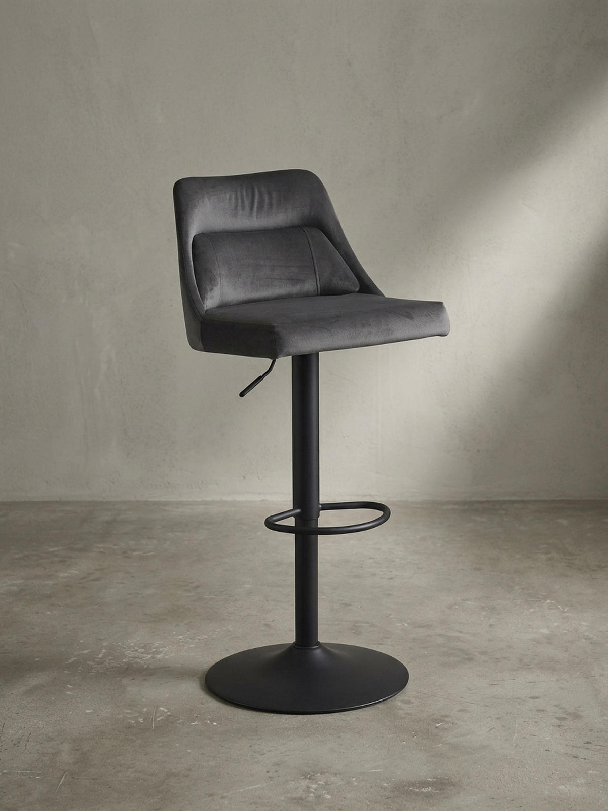 BARHOCKER Samt Lehne Höhenverstellbar Trompetenfuß Gepolstert, Grau 45x51x106 cm - Schwarz/Grau, Textil/Metall (45/106/51cm) - KADIMA DESIGN
