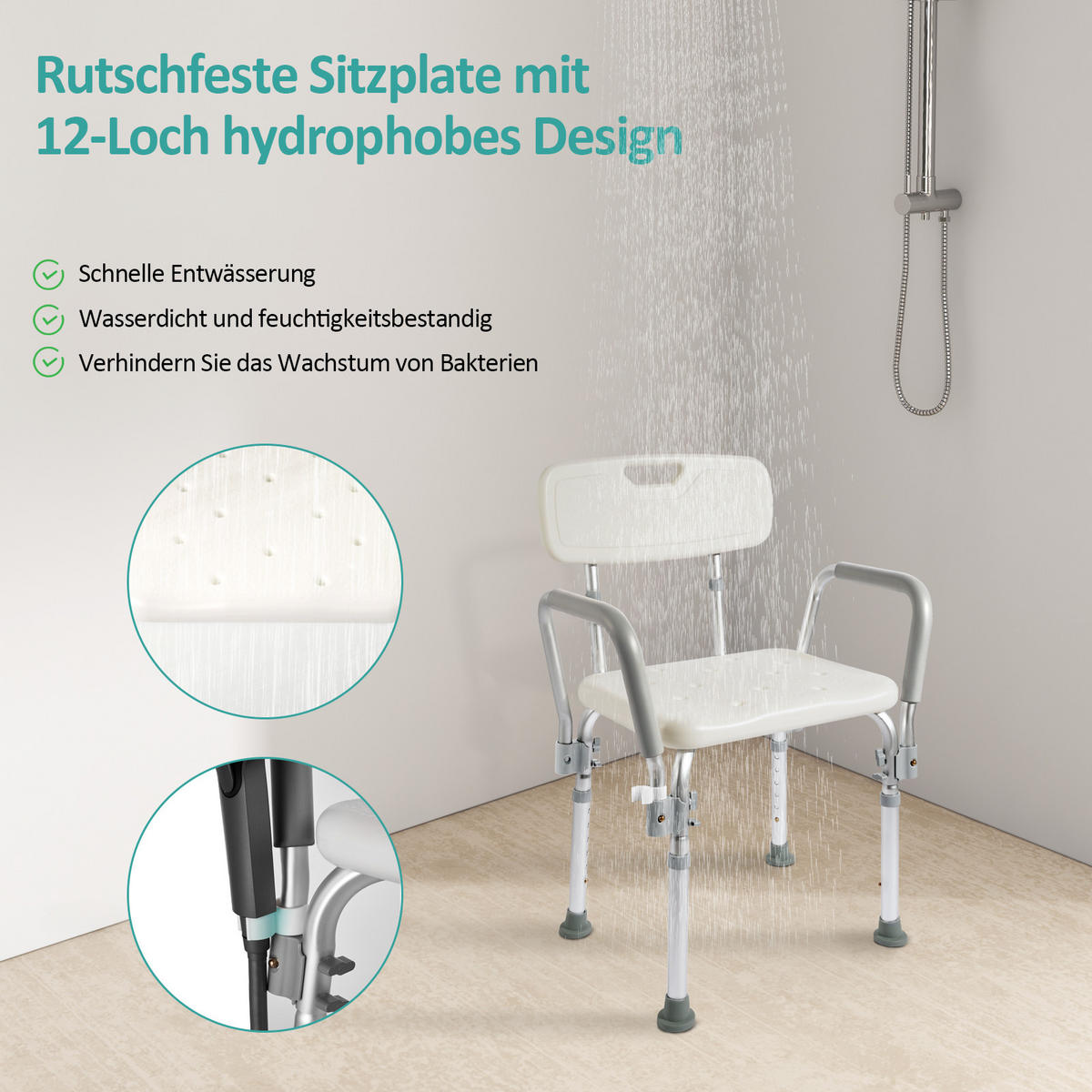 DUSCHHOCKER mit Abnehmbarer Armlehne 50,5/47,5/75 cm - Weiß, Metall (50/75/47cm) - EMKE