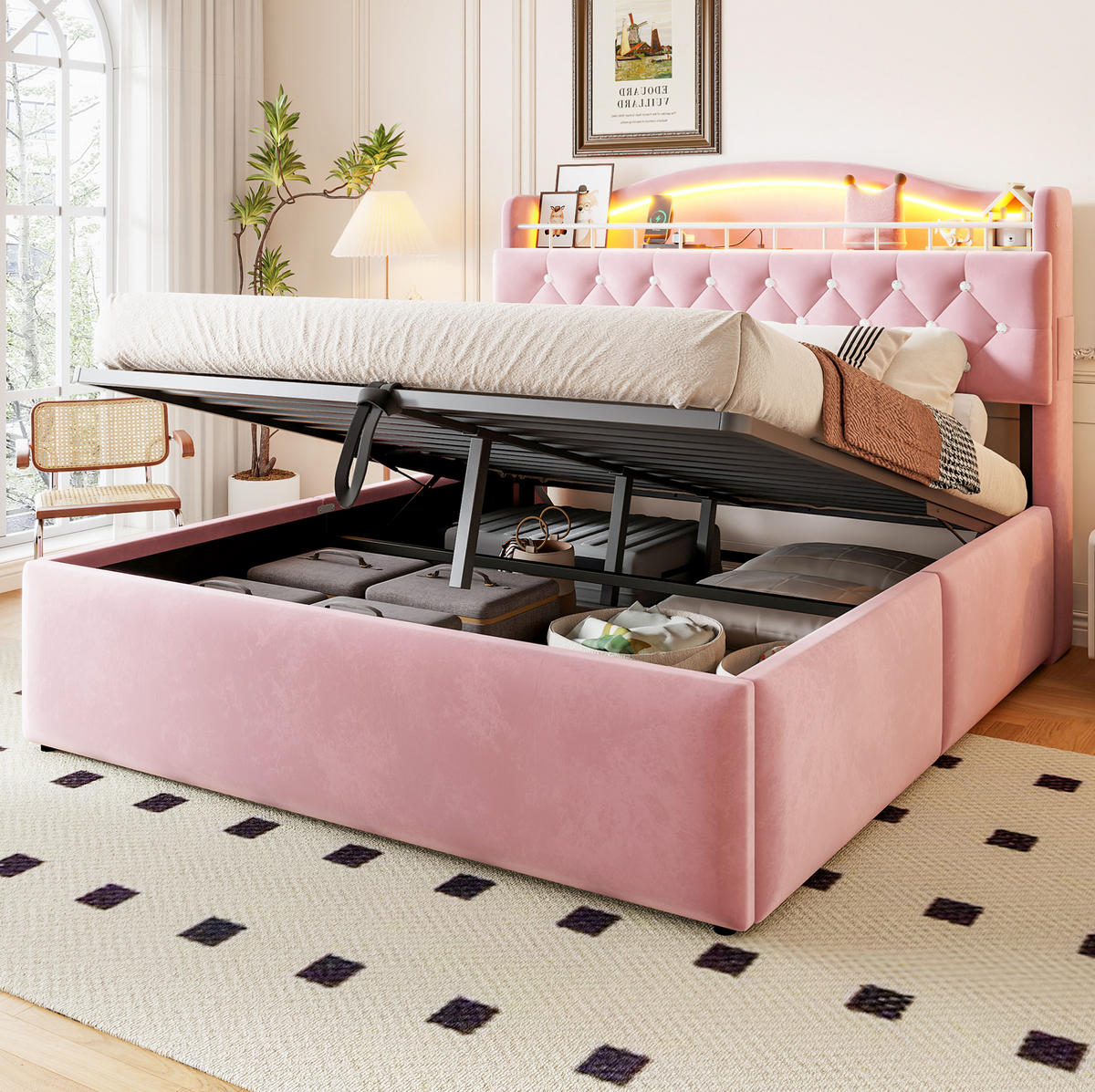 POLSTERBETT 140/200 cm aus Samt und Metall mit Stauraum Rosa - Pink, Textil (140/200cm) - OKMYHOME