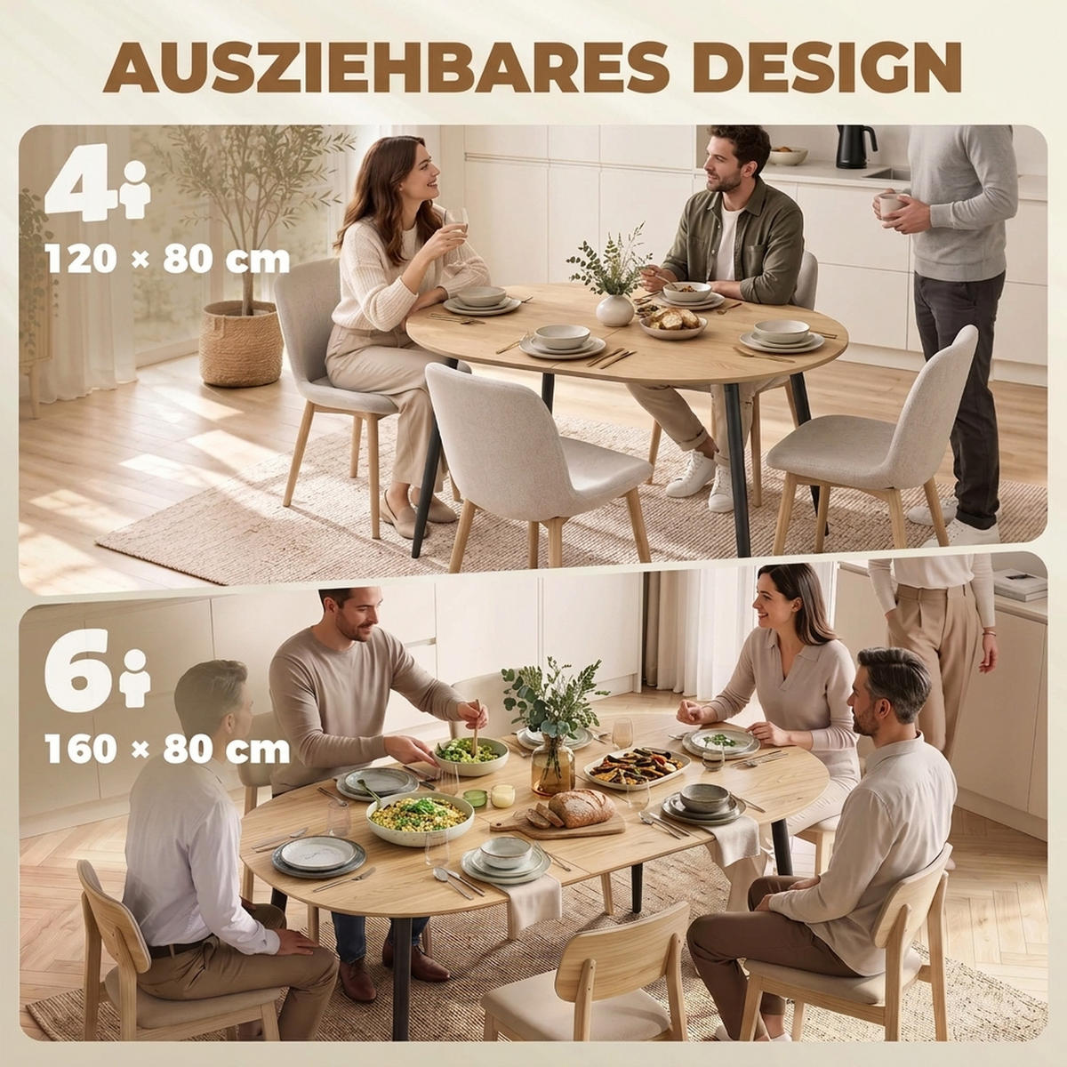 AUSZIEHBARER-ESSTISCH MDF Eiche - Eichefarben/Schwarz, Holzwerkstoff/Metall (160/80/75cm) - HOMCOM