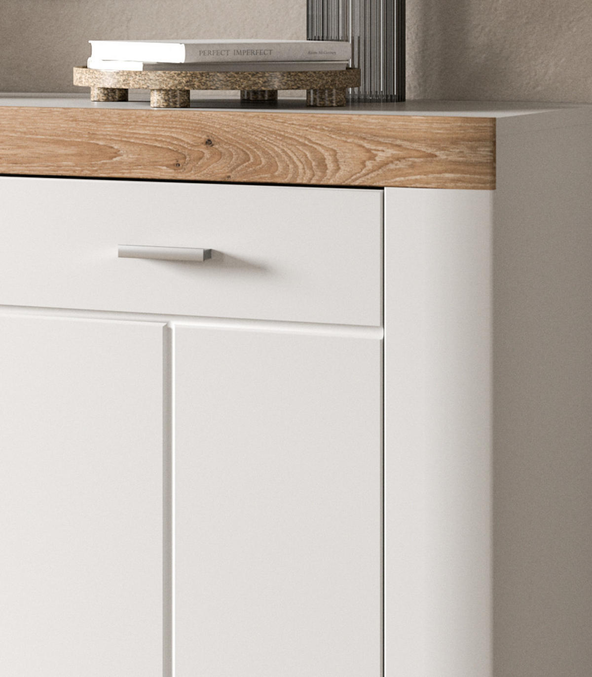KOMMODE weiß, Eiche 100 cm, Sideboard mit Soft-Close - Eichefarben/Silberfarben, Holzwerkstoff/Kunststoff (101/104/40cm) - Inn.Furn