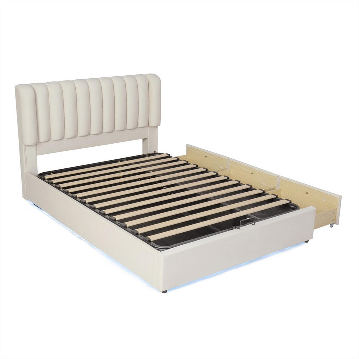 POLSTERBETT 140x200 cm mit hydraulischem Stauraum - 3 Schubladen & LED-Beleuchtung - Beige - ohne Matratze - Beige, Textil (140/200cm) - DELFA