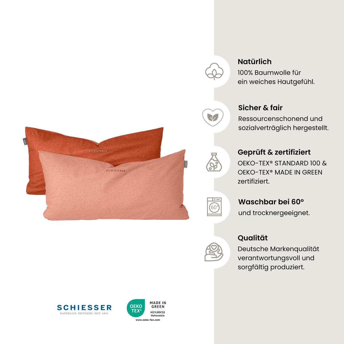 KISSENHÜLLENSET Doubleface - Renforcé - 2-teilig - 40 x 80 cm - Terrakotta - Terracotta, Textil (40/80cm) - SCHIESSER