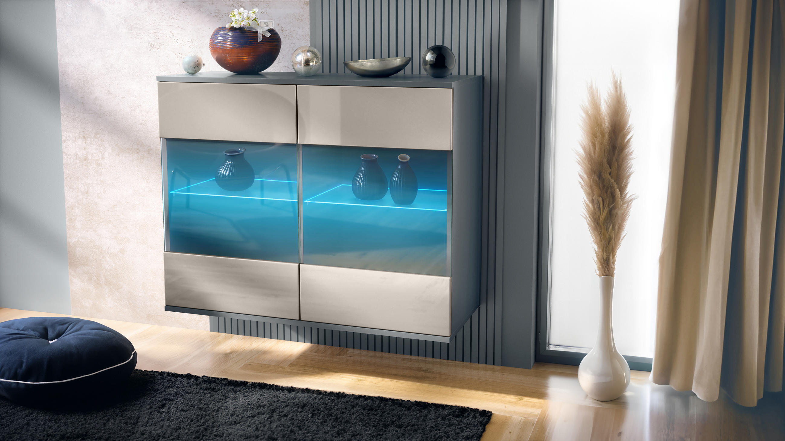 KOMMODE Bari Sandgrau Hochglanz - Sandfarben, Holzwerkstoff (92.5/73.5/35cm) - Vladon