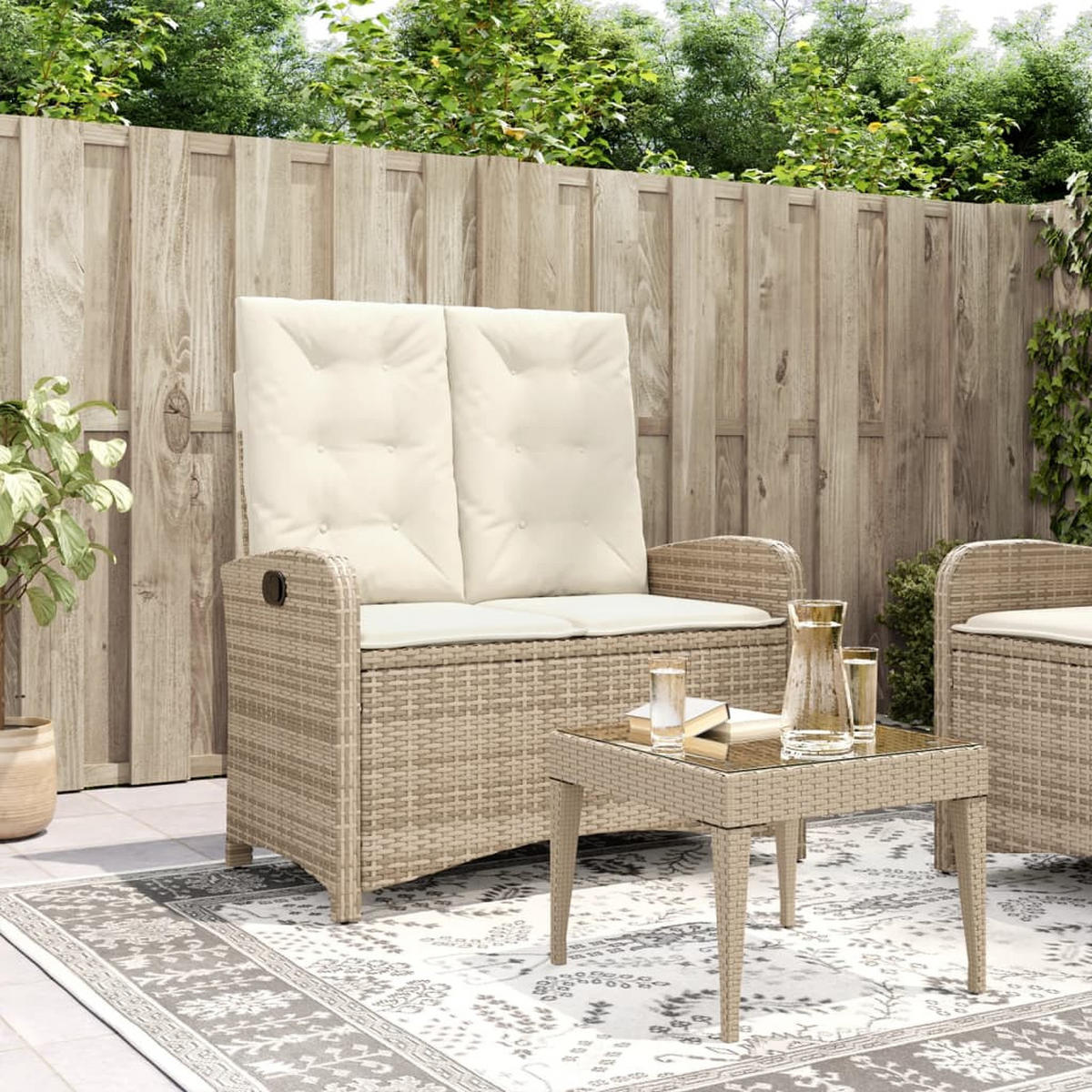 GARTENBANK Verstellbar mit Kissen Beige Poly Rattan - Beige, Holz (105/93/59cm) - furnicato