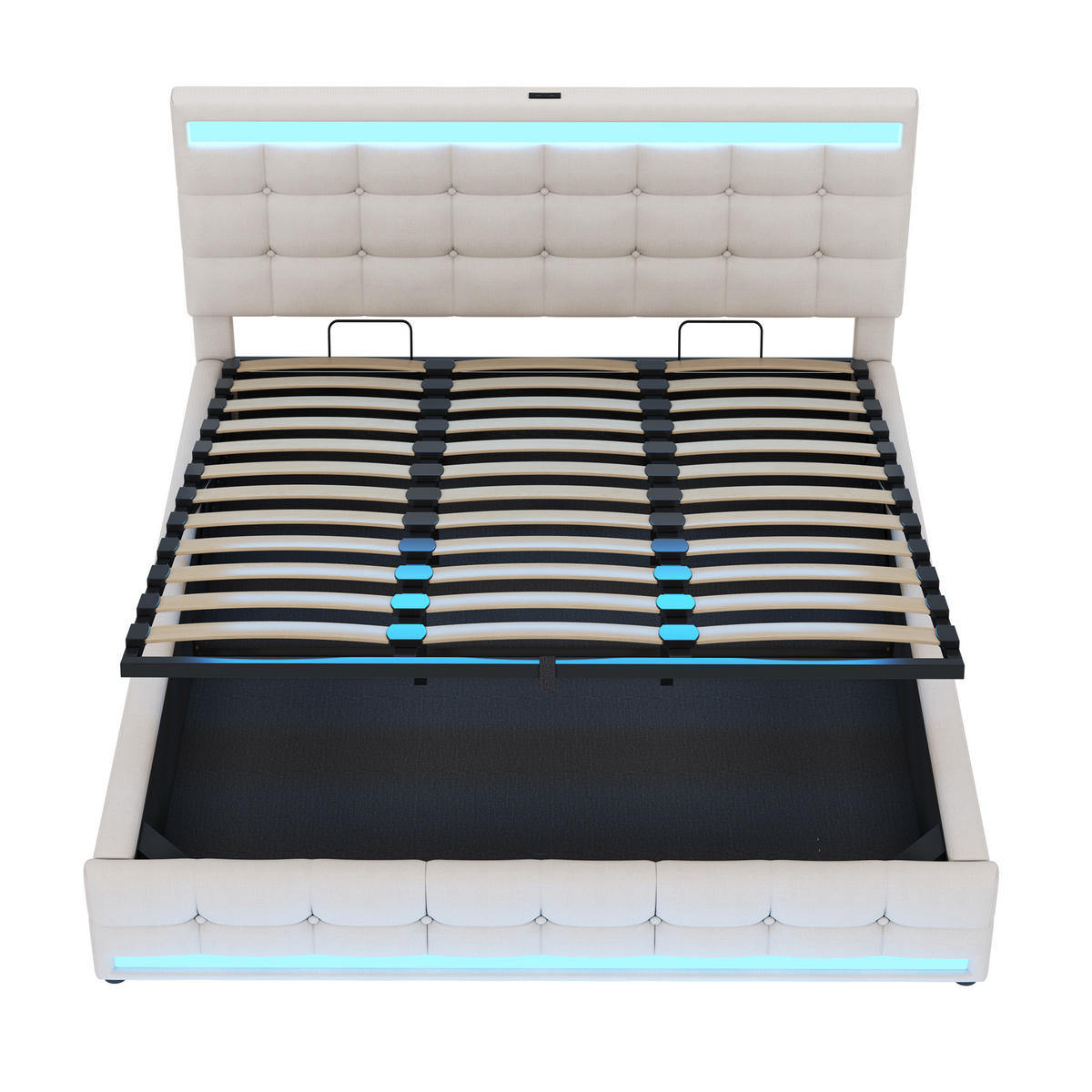 POLSTERBETT 180/200 cm Beige mit LED-Beleuchtung und USB-Anschlüssen - Beige, Textil (180/200cm) - OKWISH