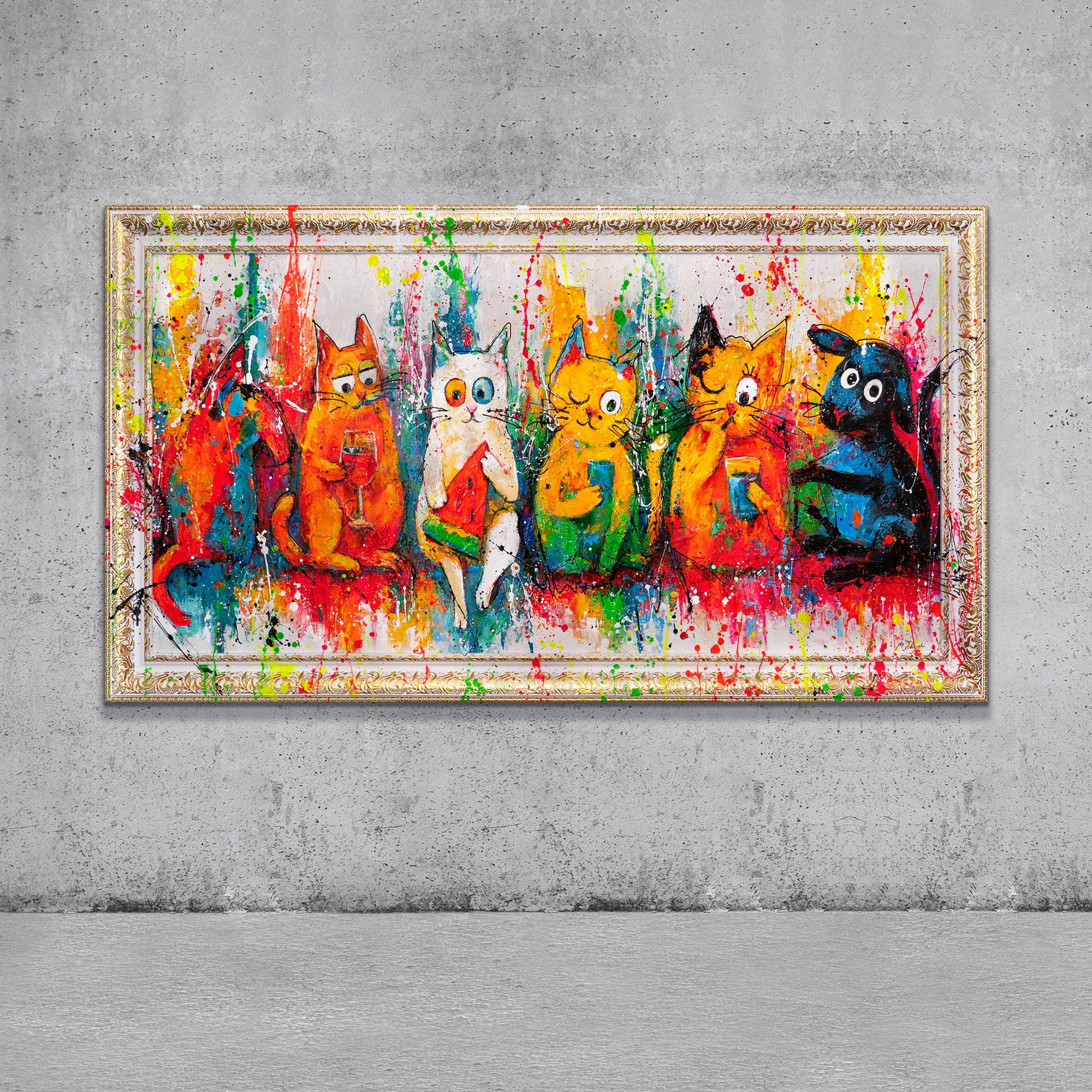 GEMÄLDE Katzen, Farbe, Spaß Schattenfugenrahmen Weiß 160x80 cm - Weiß, Holz (160/80cm) - YS-art gallery