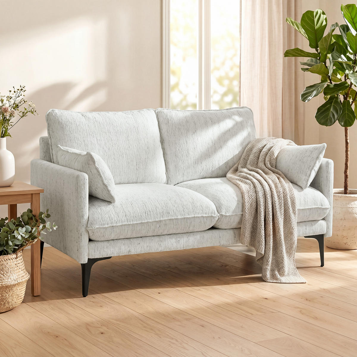 SOFA, 2-Sitzer, Stoff, Armlehnen, 2 Kissen, weiß, 131x78x83cm - Multicolor, Holzwerkstoff (131/83/78cm) - FORIOUS