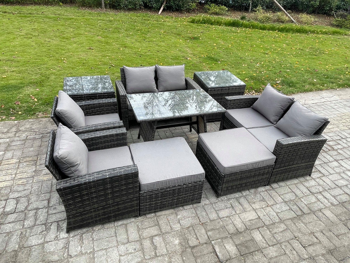 GARTENMÖBELSET mit ESSTISCH,HOCHLEHNER-SOFA Polyrattan Dunkelgrauer Mix 8-Sitzer - Dunkelgrau/Grau, Glas/Kunststoff - Fimous