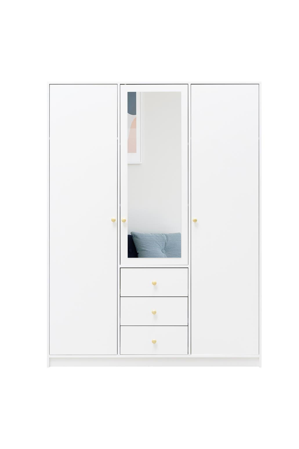 KLEIDERSCHRANK Rainbow Weiß, dreitüriger Drehtürenschränk mit Spiegel und Schubladen - Weiß, Holzwerkstoff (149/200/58cm) - Bettso