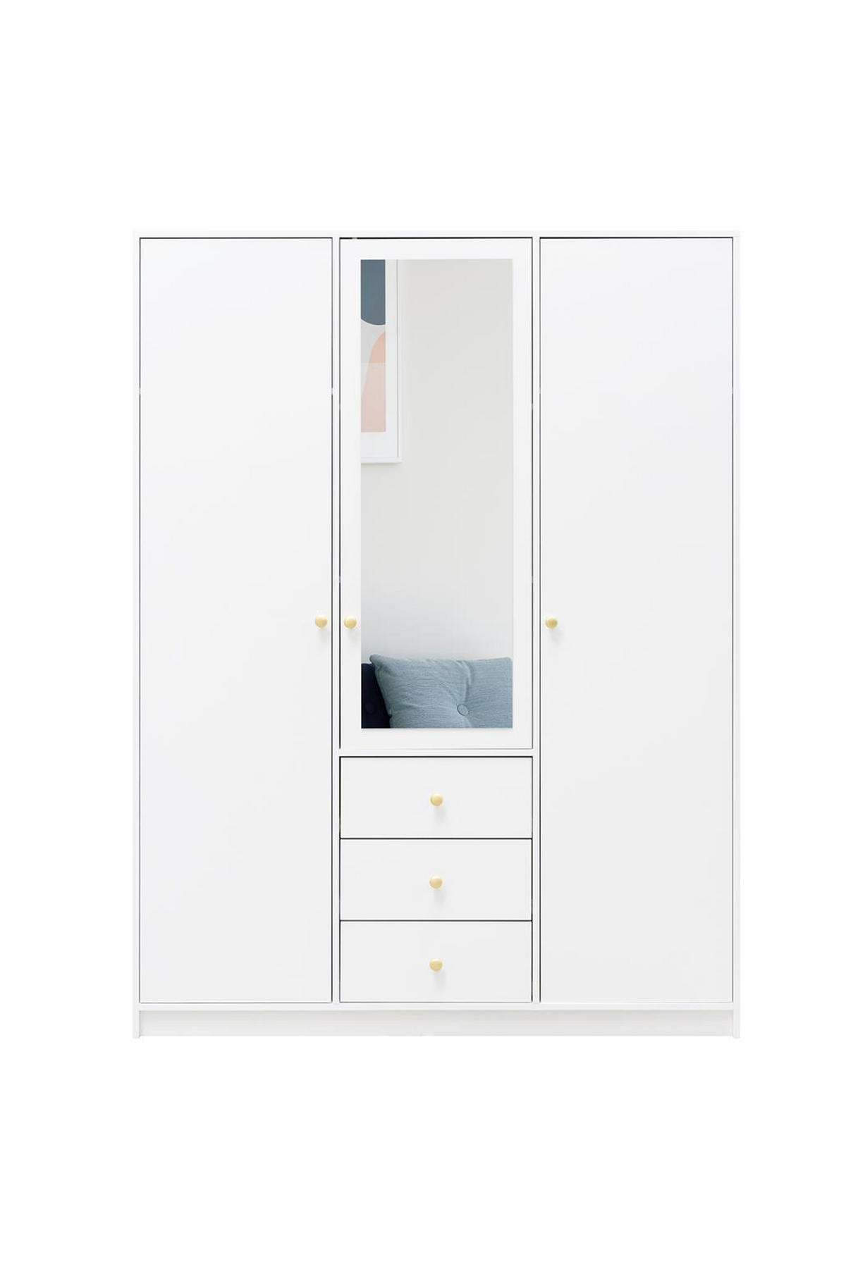 KLEIDERSCHRANK Rainbow Weiß, dreitüriger Drehtürenschränk mit Spiegel und Schubladen - Weiß, Holzwerkstoff (149/200/58cm) - Bettso