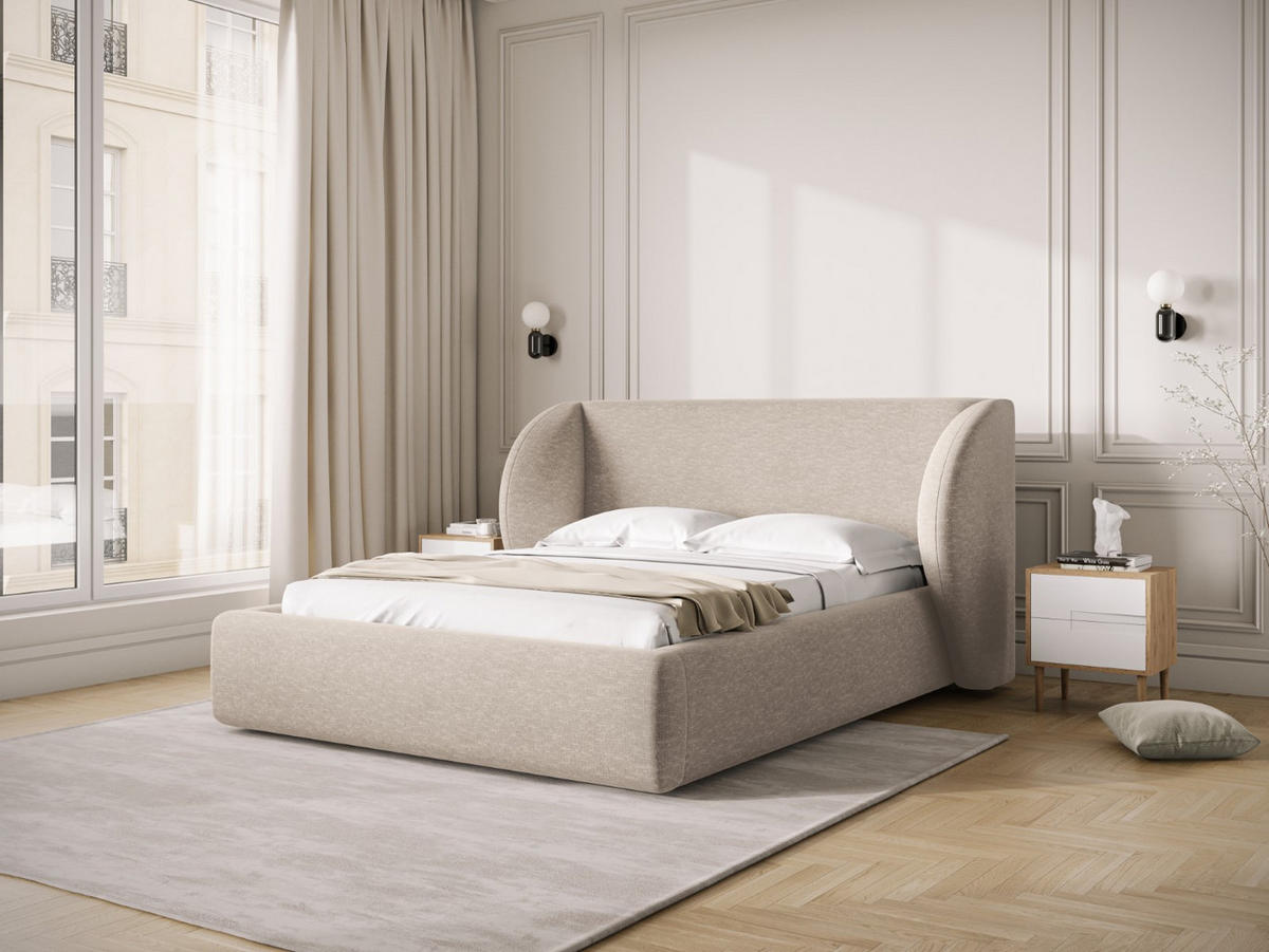 BETT mit Bettkasten und Kopfteil Miley aus Chenille-Stoff beige 200x200cm - Beige, Textil (200/200cm) - Micadoni