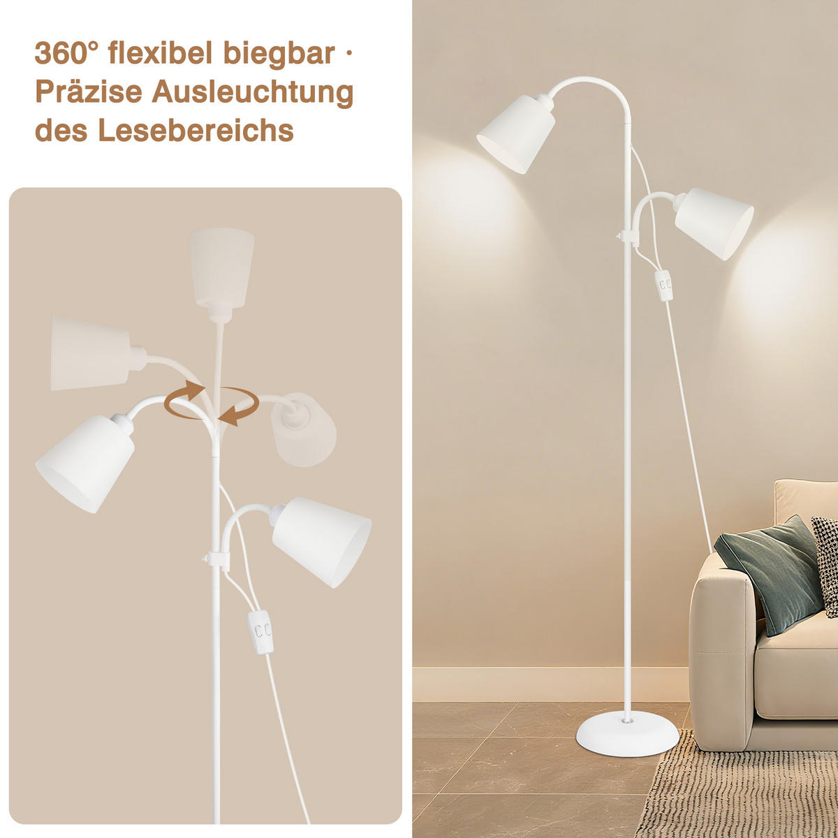 STEHLEUCHTE FL1061A mit Schalter - Weiß, Metall (22/22/170cm) - LOVHAUS