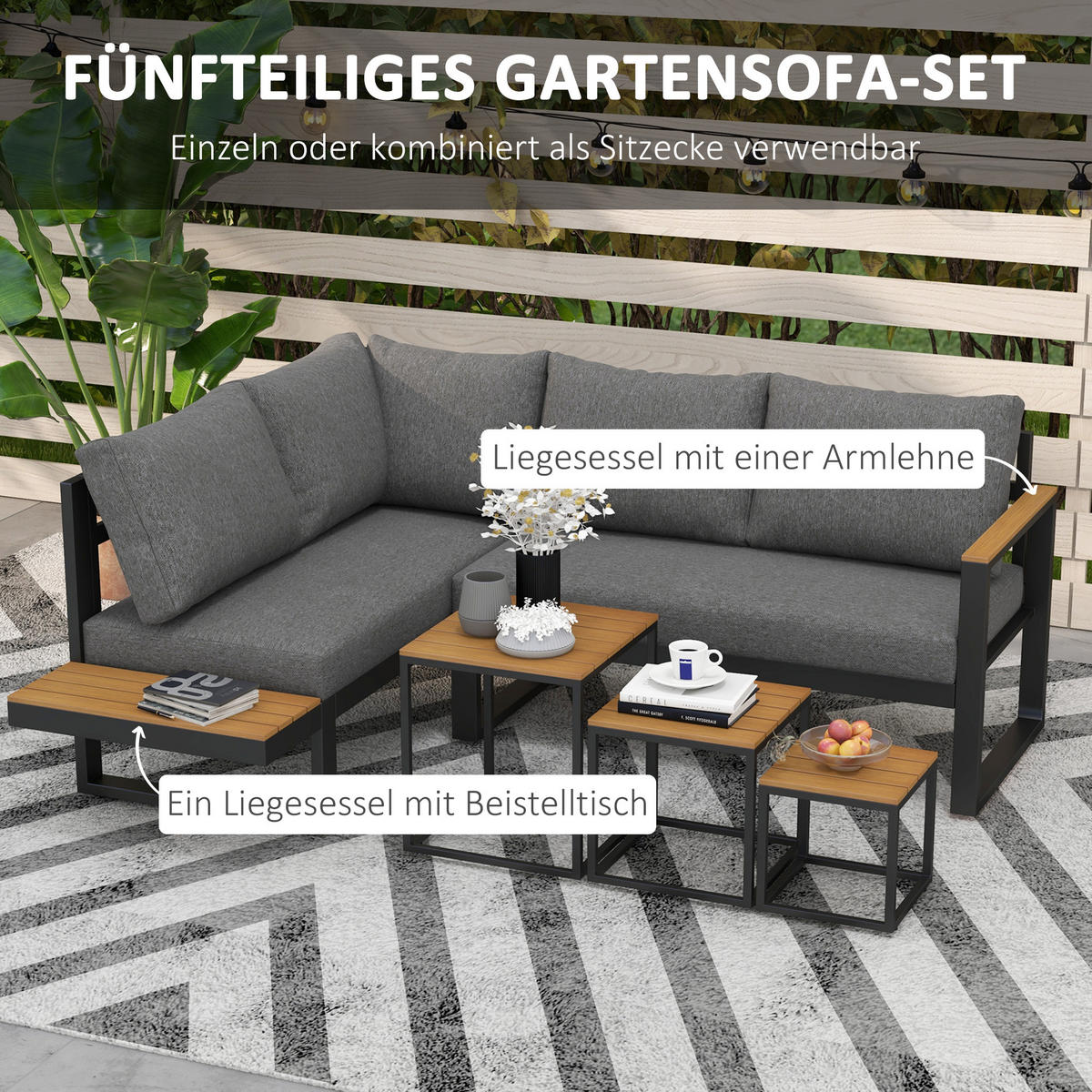 GARTENMÖBEL-SET, mit Ecksofa, Couchtisch, mit Sitzkissen, Aluminium, Kunststoff, Grau - Dunkelgrau, Kunststoff/Metall - Outsunny