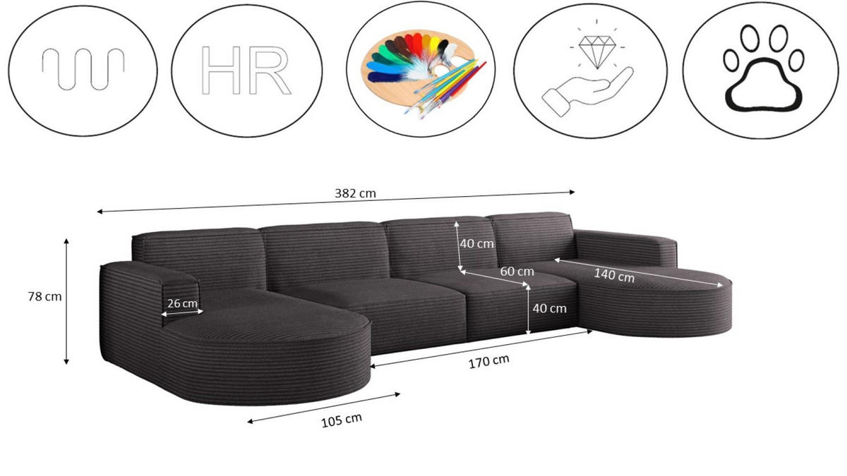 ECKSOFA U-Form XL Designer MODENA stoff Dicker Cord Poso Dunkelgrau - Dunkelgrau, Holz (165/382cm) - Kaiser Möbel