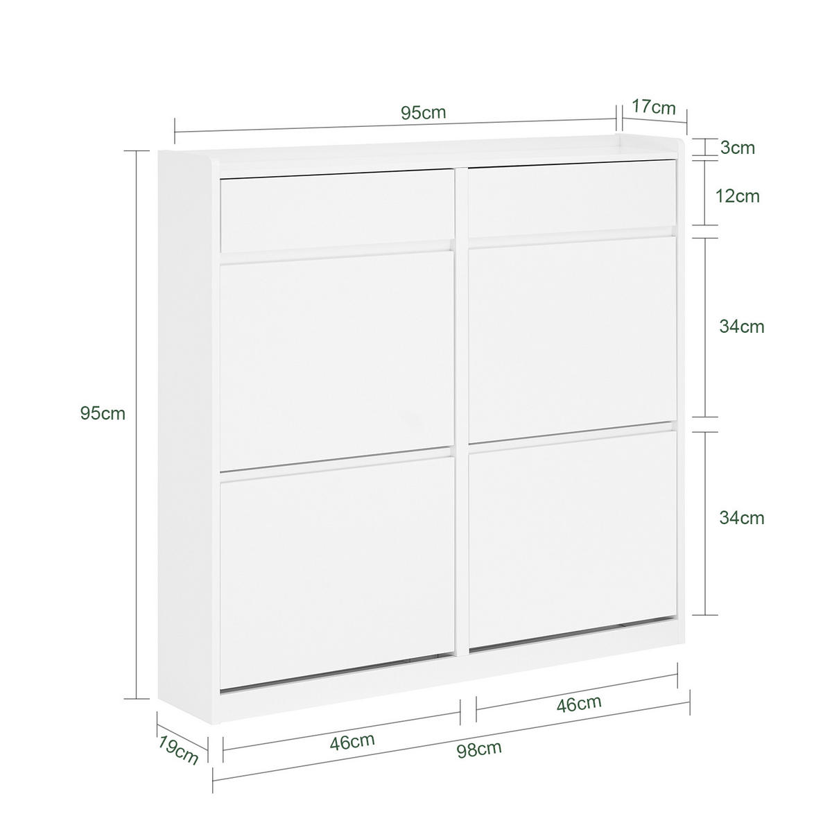SCHUHKIPPER mit 4 Klappen, Schuhschrank schmal, 98x95x19cm Weiß - Weiß, Holz (98/95/19cm) - SoBuy