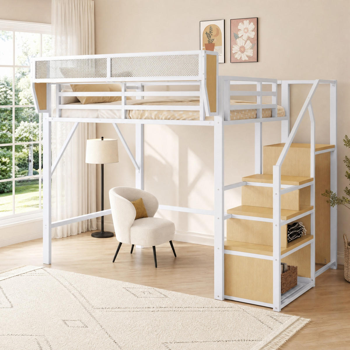 HOCHBETT 140/200 mit Sicherheitsleiter, flexiblem Staufach und 140 cm Freiraum in Weiß - Weiß, Holz/Metall (140/200cm) - EVRYAE
