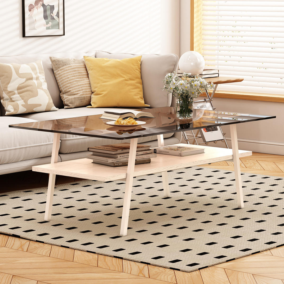 COUCHTISCH aus Hartglas 98x58x42 cm und MDF Braun-Weiß mit Metallbeinen - Braun, Holzwerkstoff (98/58/42.5cm) - IVMEU
