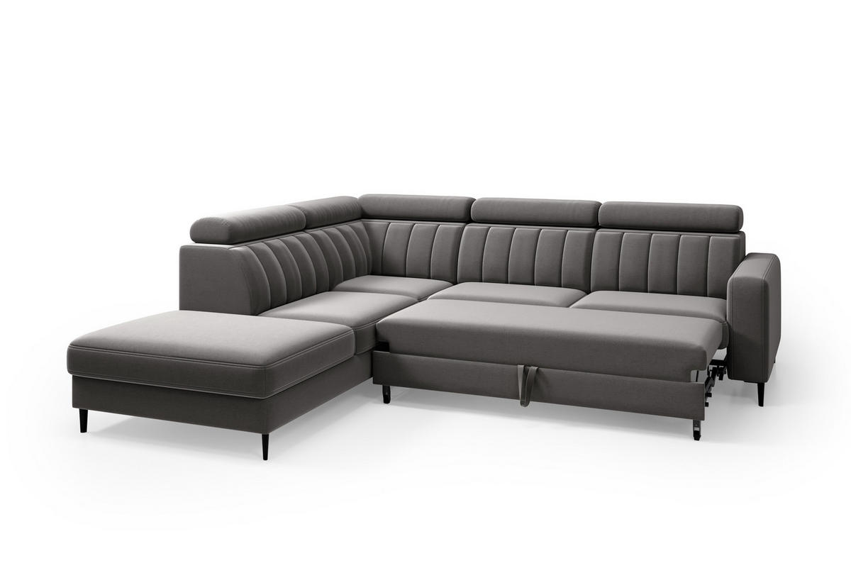 ECKSOFA Wohl links – Grau, mit Schlaffunktion, Bettkasten und verstellbaren Kopfstützen - Grau, Textil (278/263cm)