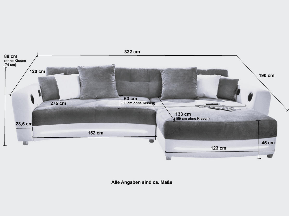 MULTIMEDIA-ECKSOFA Soundsystem RGB-LED Beleuchtung Bluetooth USB AUX-in,seitenverkehrt montierbar B322/T190/H88cm,Kunstleder Schwarz-Mikrof.Grau/15411 - Chromfarben/Schwarz, Textil/Metall (322/88/190cm) - luma-home