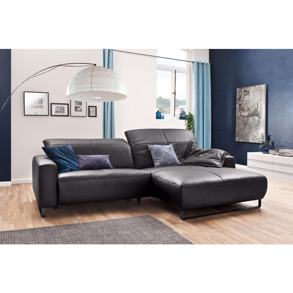 Thumbnail - Kawola Ecksofa, Taupe, Schwarz, Leder, Echtholz, 3-Sitzer, Füllung: Komfortschaum, Ottomane rechts, L-Form, 284x180 cm, ...
