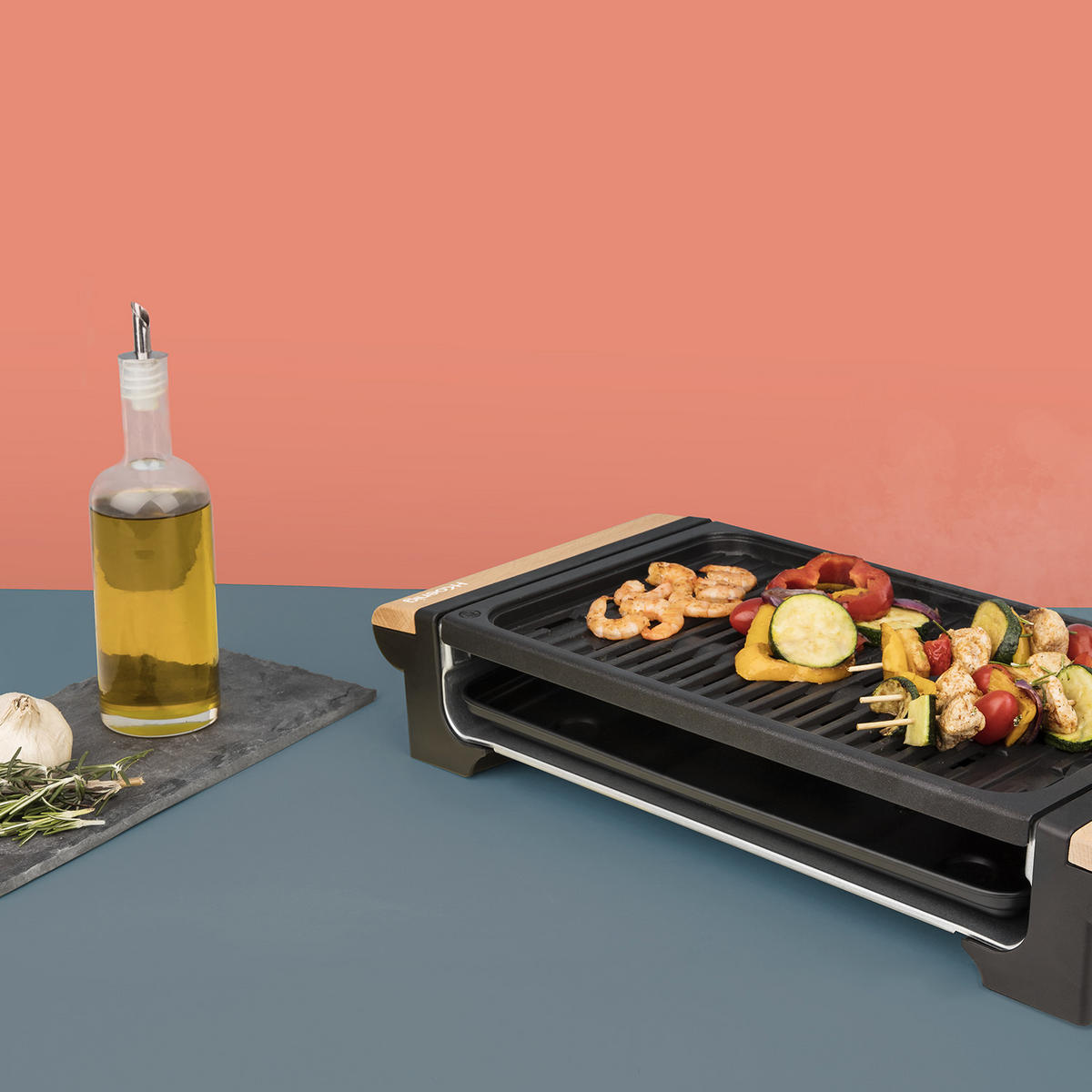 TISCHGRILL RP320, Grau, Barbecue, Marmor-Grillplatte, Holzgriffe - Grau, Stein (48.5/9.5/23cm) - HKoenig