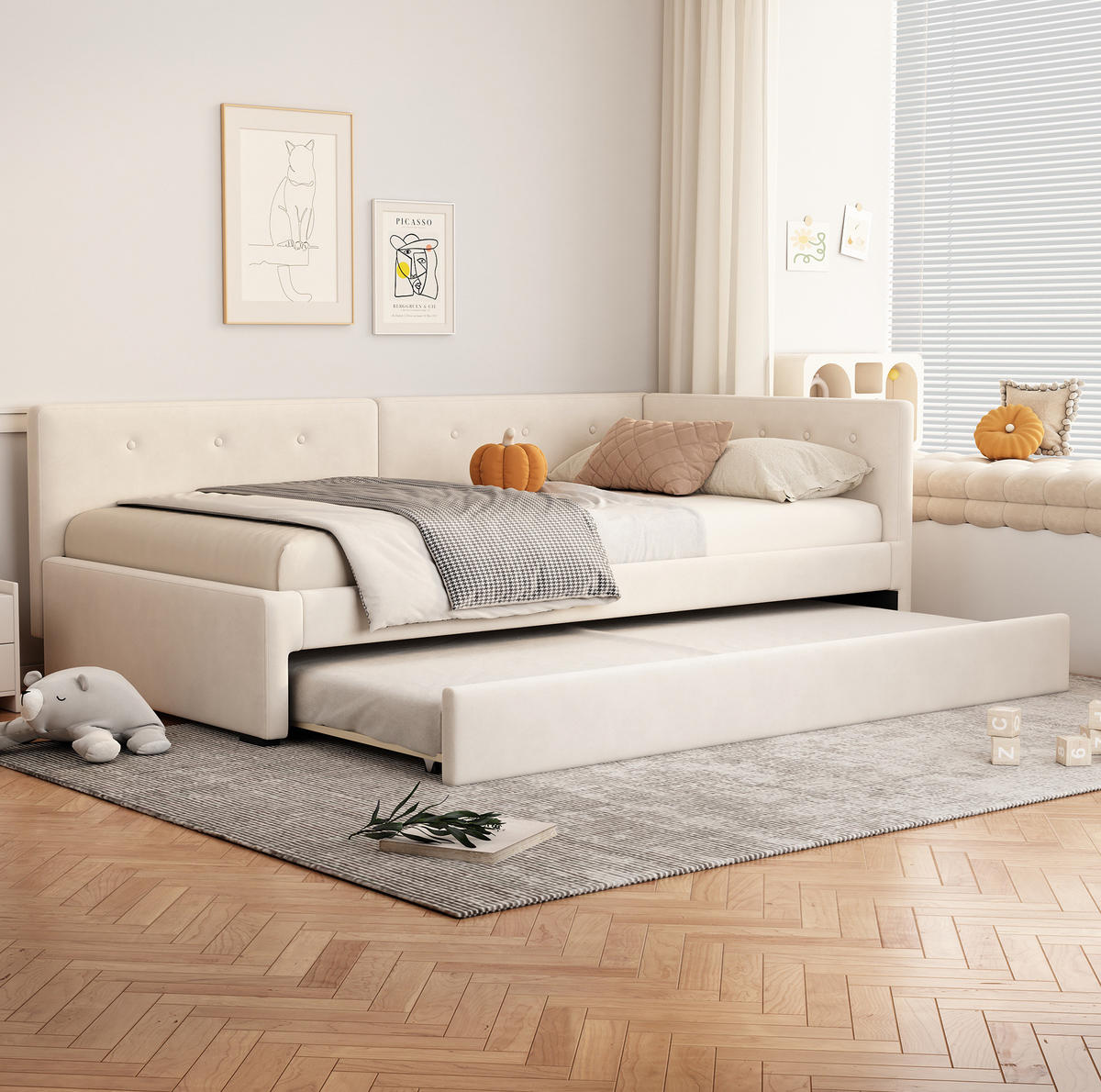 TAGESBETT aus Samt 90x200 cm Beige mit ausziehbarem Rollbett und Lattenrost, minimalistisches Design - Beige, Textil (90/200cm) - Modfu