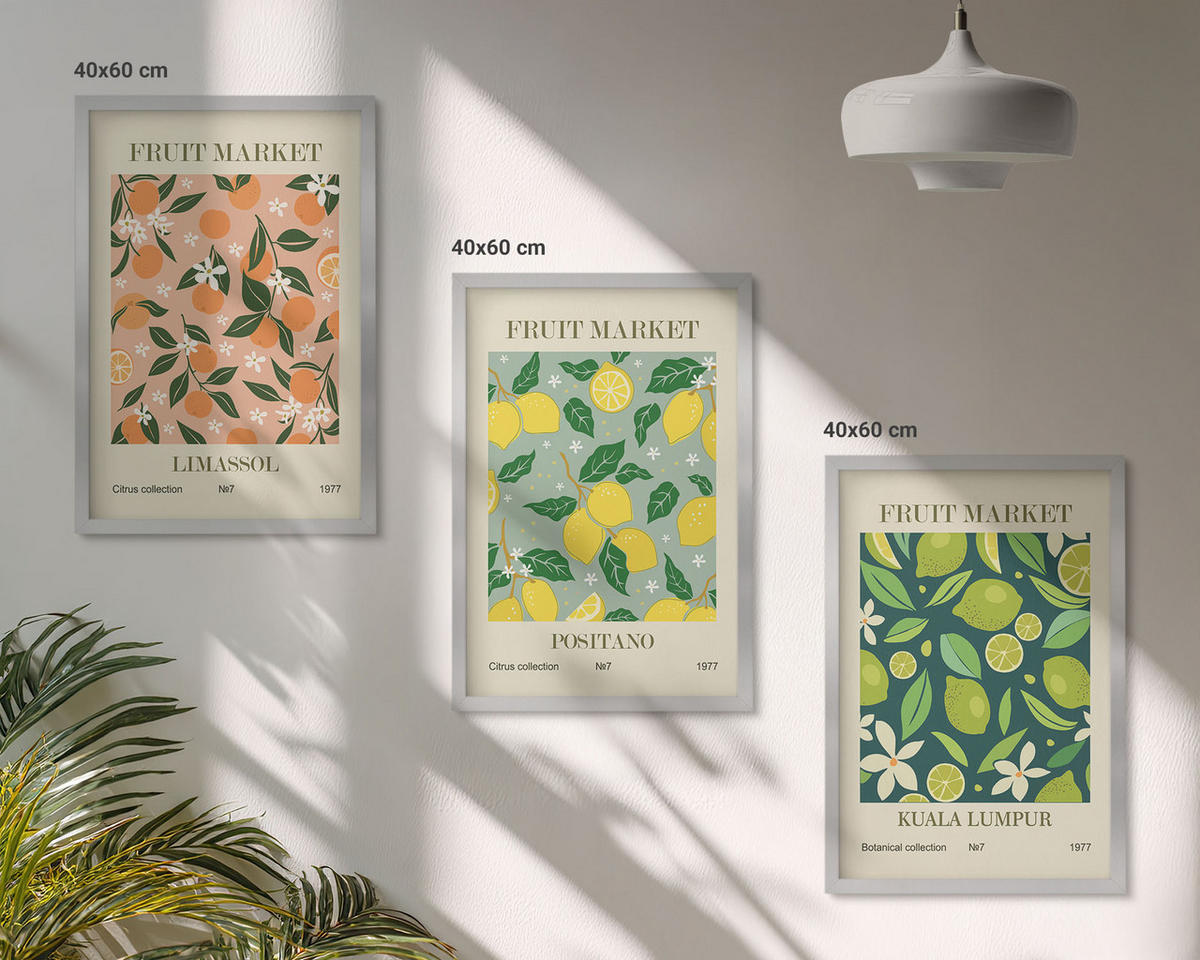 WANDBILDER 3er Set - 40x60 cm Silberner Rahmen - Fruchtige Zitrusblütenmuster - Silberfarben, Kunststoff (40/60cm) - ArtPrintCave