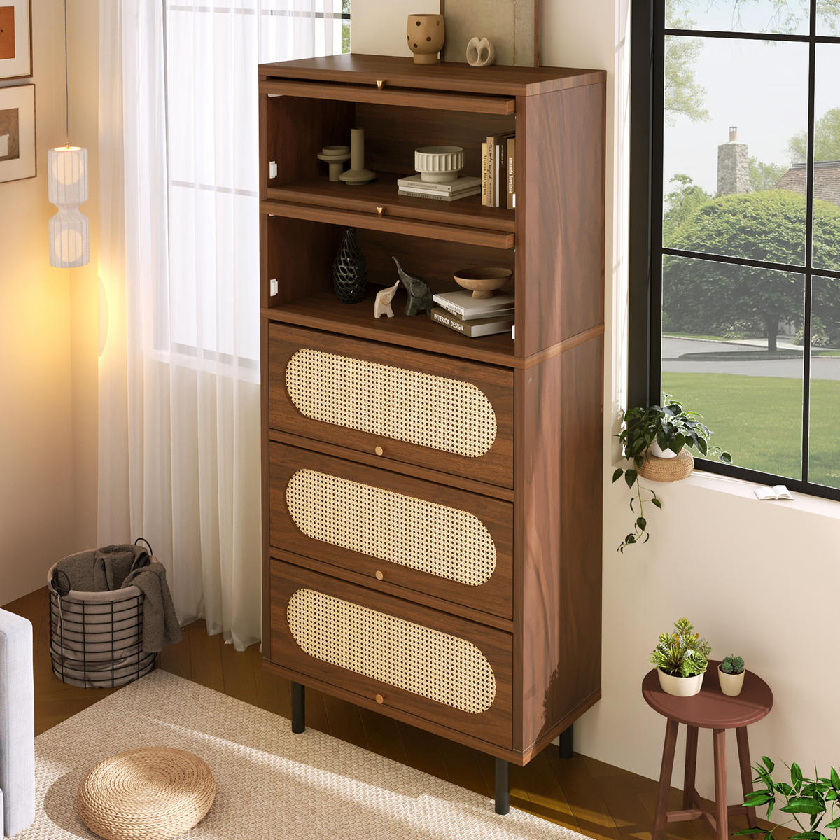 SIDEBOARD 80/40/163 cm in Nussbaum mit Rattanfront und 5 Klappen - Walnussfarben/Schwarz, Holzwerkstoff/Metall (80/163/40cm) - CHICFURN
