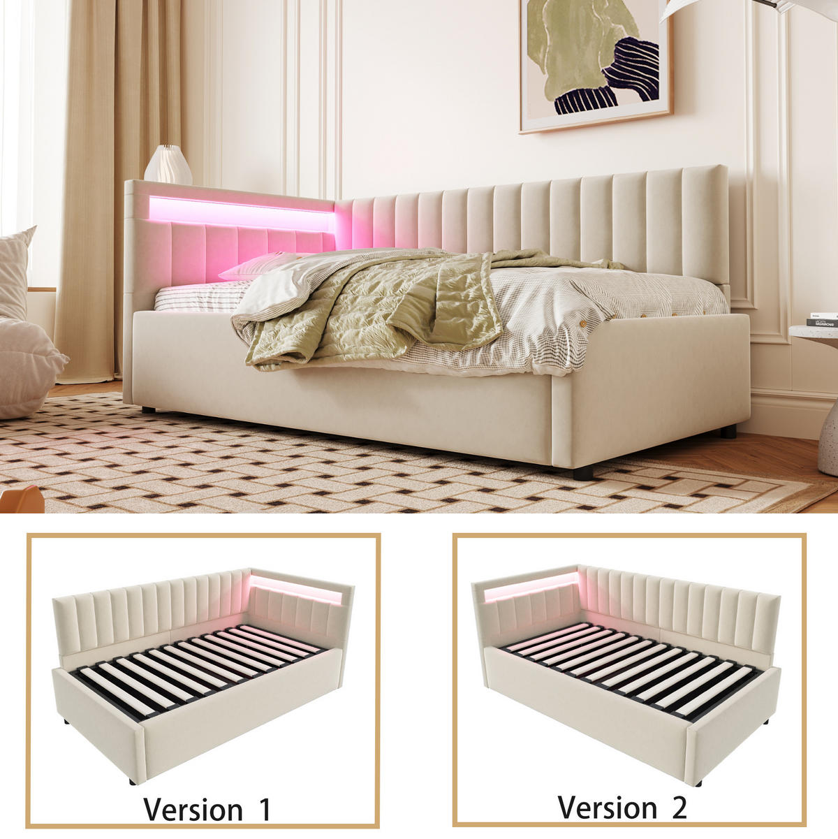 POLSTERBETT 90/200 cm Beige mit LED-Beleuchtung und Stauraum - Beige, Textil (90/200cm) - Flora Grace