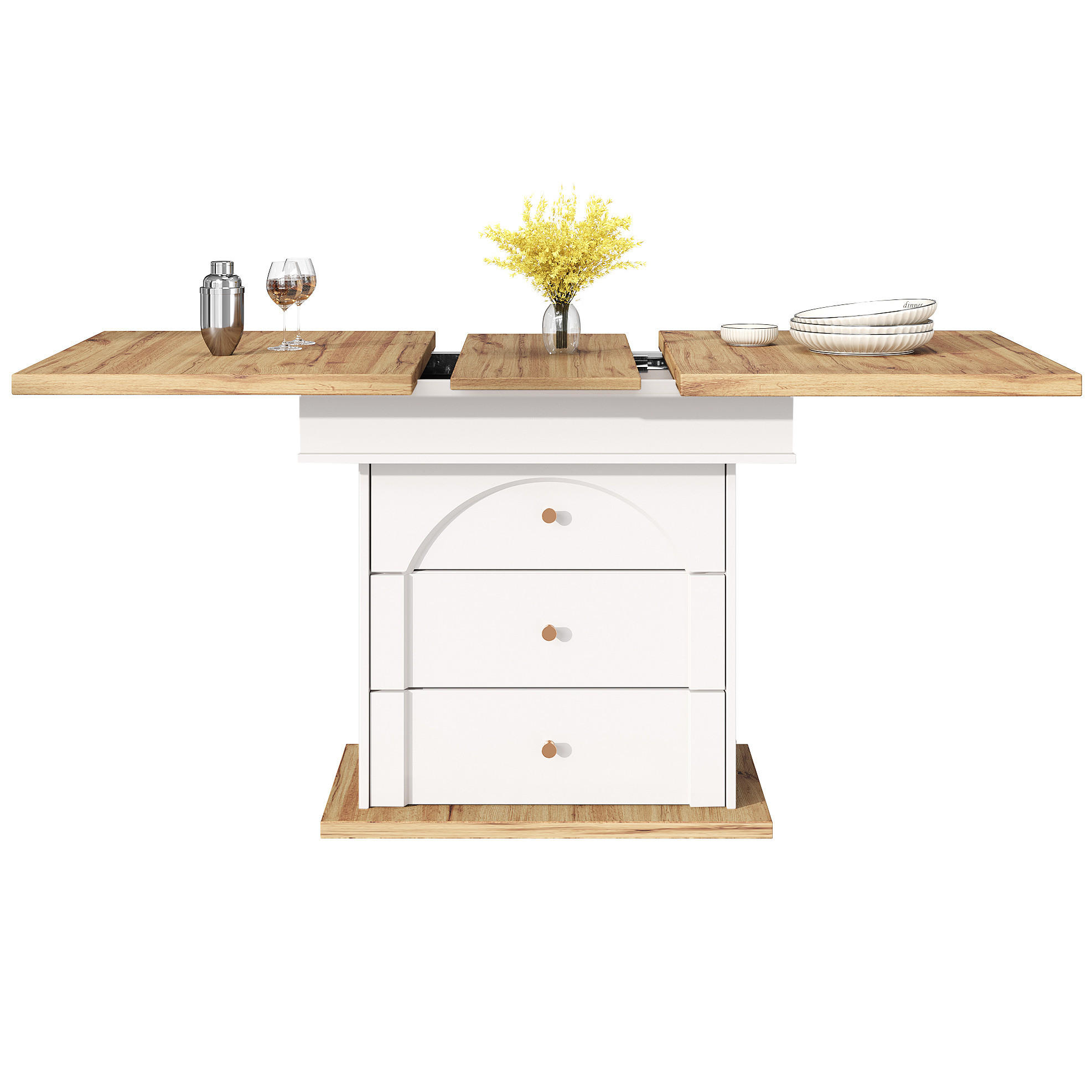 Modfu JÍDELNÍ stůl z MDF 110-140x80x75 cm přírodní/bílá rozkládací se skrytým úložným prostorem