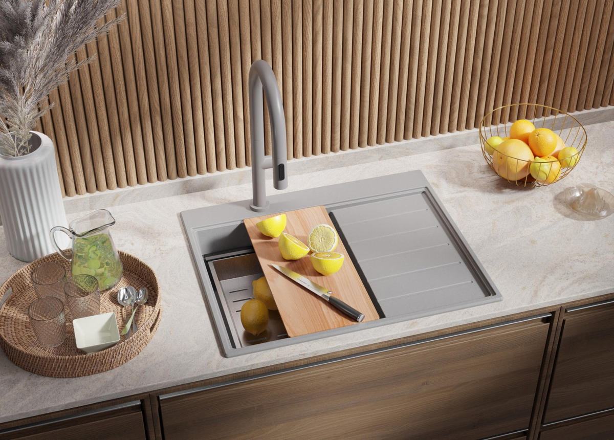 SPÜLBECKEN Sydney, 2-er set Grau 62/50 cm 1 Becken + Ablauf-Set + Küchenzubehörset ab 40er Unterschrank - Chromfarben/Beige, Kunststoff (62/20/50cm) - Primagran
