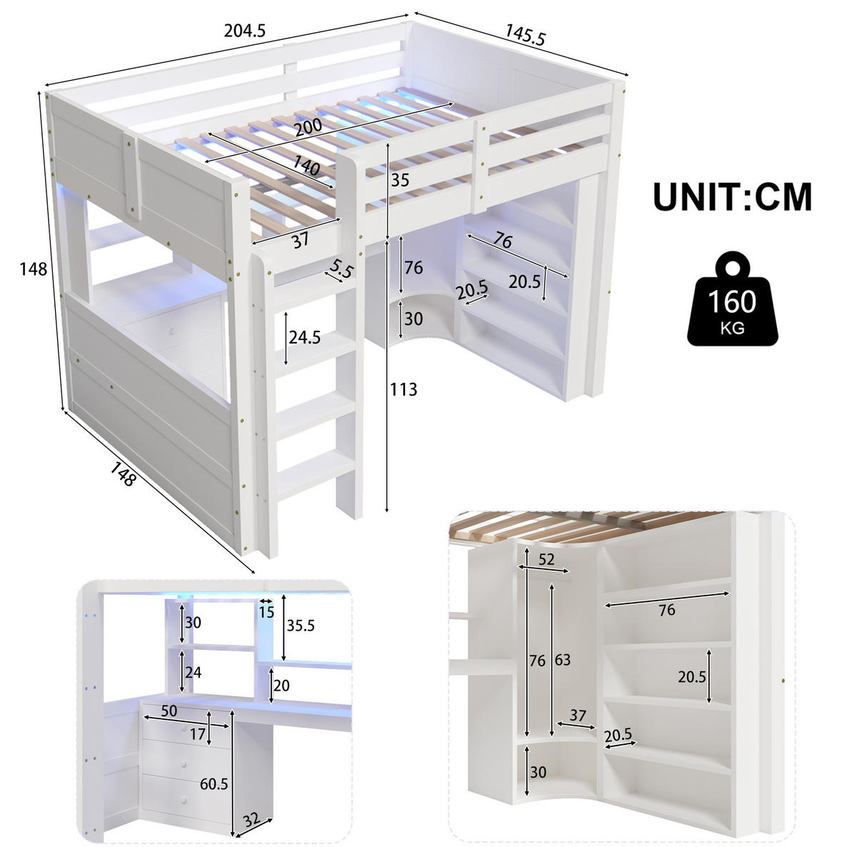 HOCHBETT 140/200 cm in Weiß mit LED-Beleuchtung, Schreibtisch und Kleiderschrank - Weiß, Holzwerkstoff (140/200cm) - Flora Grace