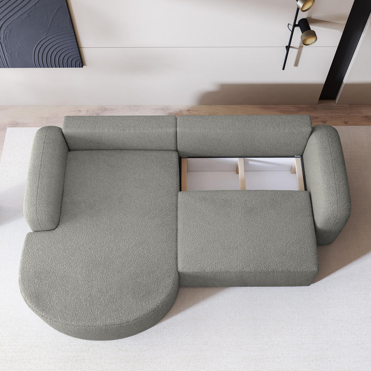 ECKSOFA AMILIA L-S Beige Boucle-Stoff mit Schlaffunktion - Beige, Holz (263/174cm) - MASSENO
