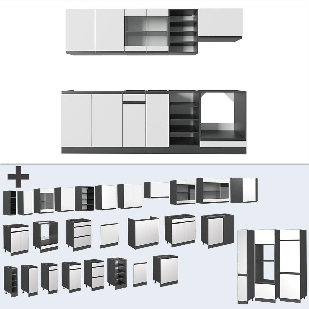 KÜCHENZEILE R-Line Weiß/Anthrazit 240 cm, AP Marmor - Anthrazit/Weiß, Holzwerkstoff (240/81.6/60cm) - Vicco
