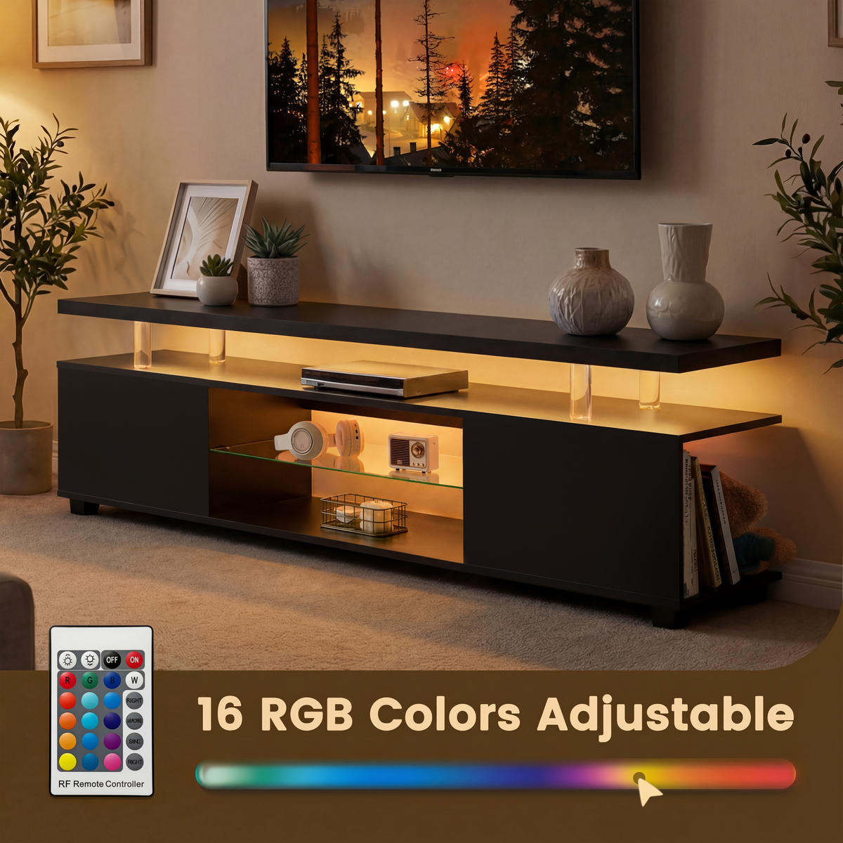 TV-ELEMENT 130/40/48 cm Schwarz mit LED-Licht - Schwarz, Holz (130/48/40cm) - Oxeza