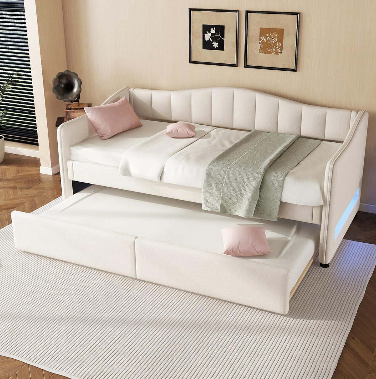 POLSTERBETT 90/200 cm aus Leinen mit ausziehbarem Rollbett und LED-Beleuchtung Beige - Beige, Textil (90/200cm) - Modenvie