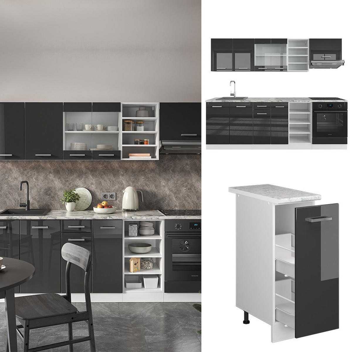 KÜCHENZEILE R-Line Anthrazit Hochglanz/Weiß 240 cm, AP Marmor - Anthrazit/Weiß, Holzwerkstoff (240/81.6/60cm) - Vicco