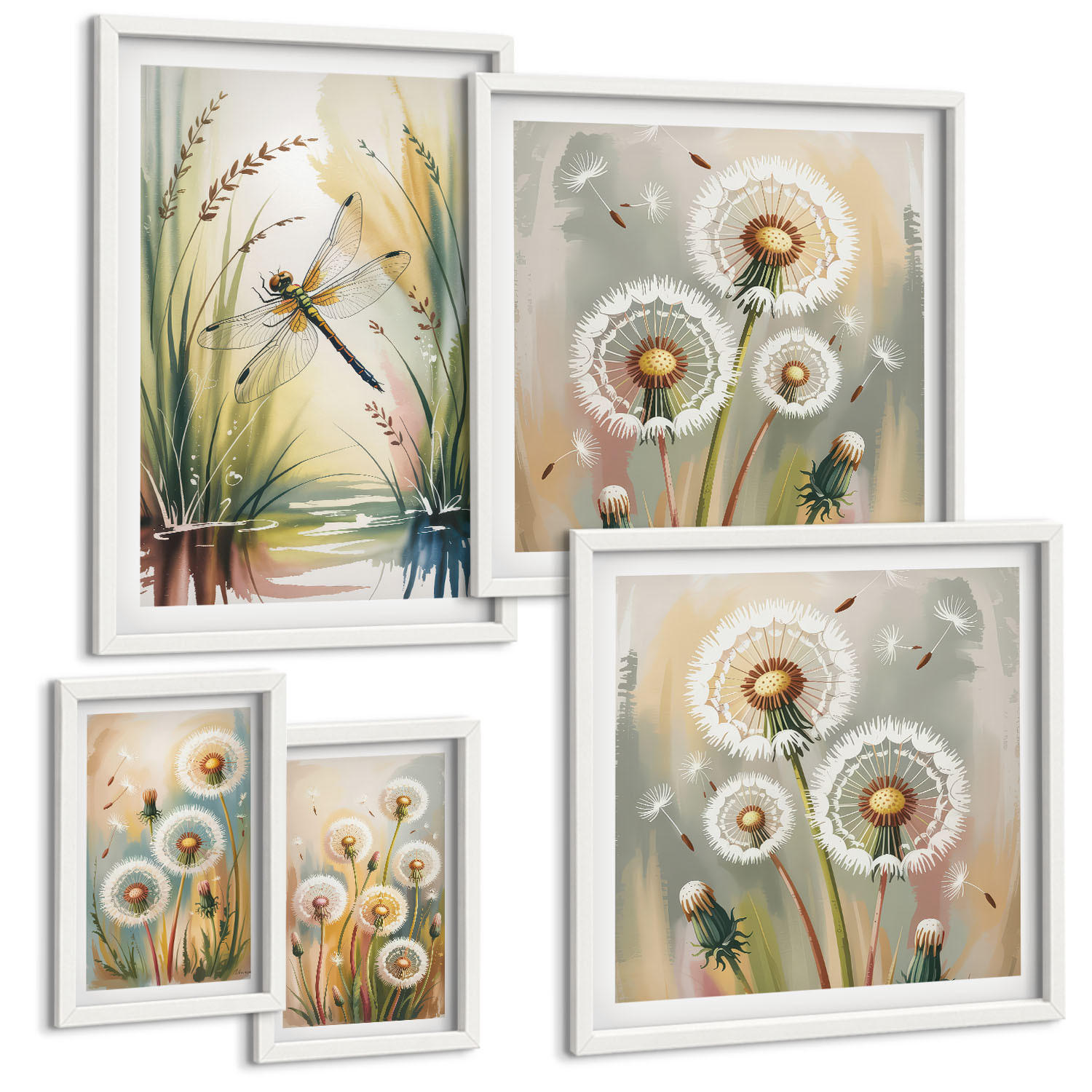 BILDER SET 5er Set - 50x50 cm & 20x30 cm & 40x60 cm Weißer Rahmen - Pastellfarbene Löwenzahnblüten - Weiß, Kunststoff (40/60cm) - TULUP