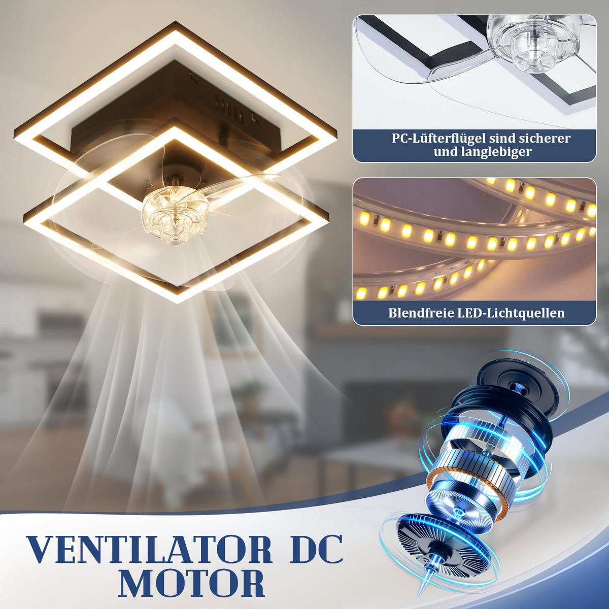LED DECKENVENTILATOR Relven 34/34/15 cm - Schwarz, Kunststoff/Metall (34/34/15cm) - ZMH