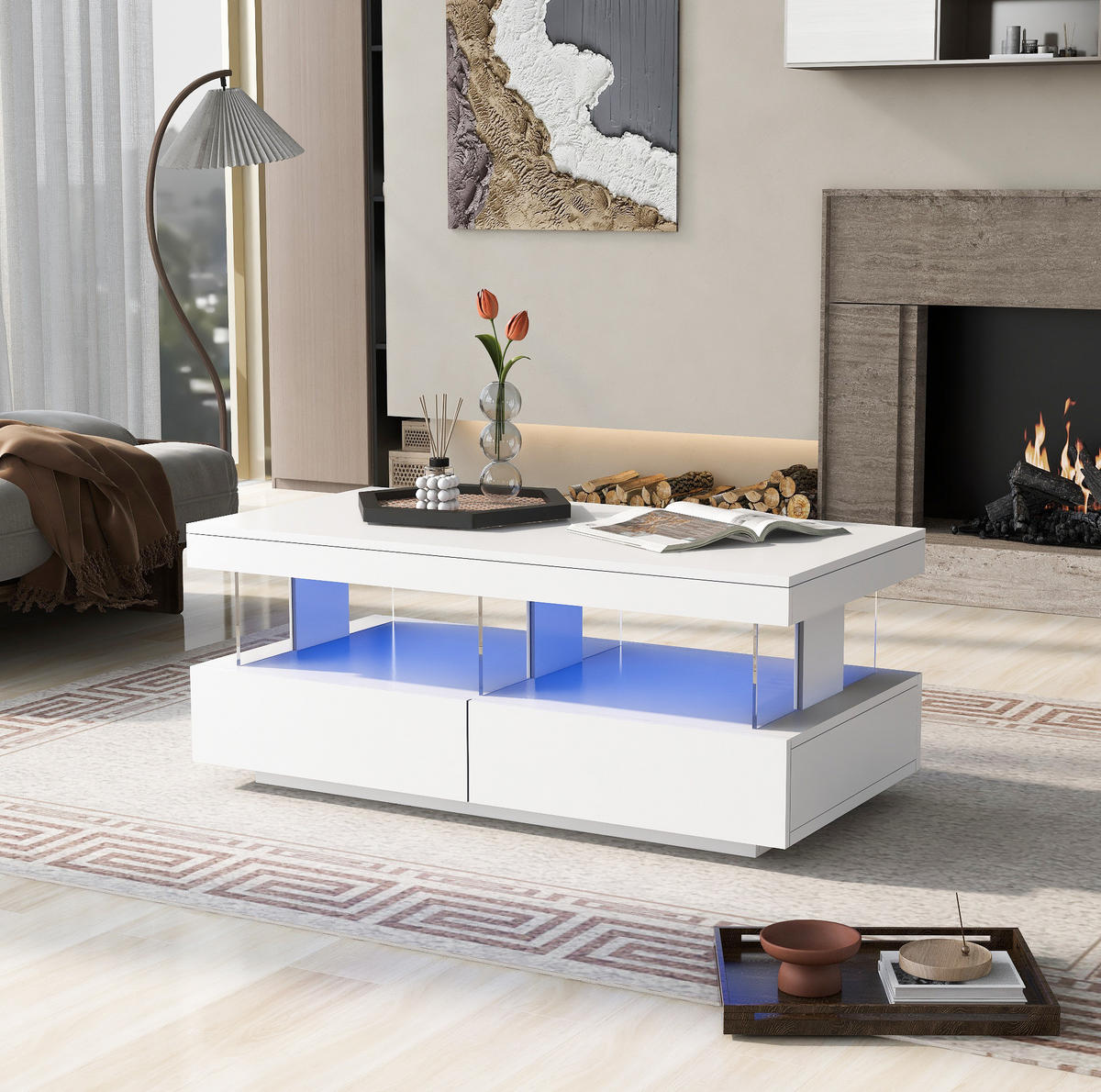 COUCHTISCH aus Spanplatte 100x60x49,5 cm in Weiß mit LED-Beleuchtung - Weiß, Holzwerkstoff (100/60/49.5cm) - Modfu
